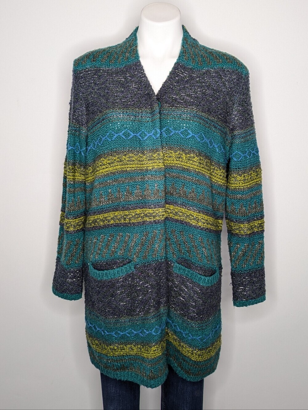 J Jill Green Blue Grey Striped Knit Duster Cardigan Sweater M